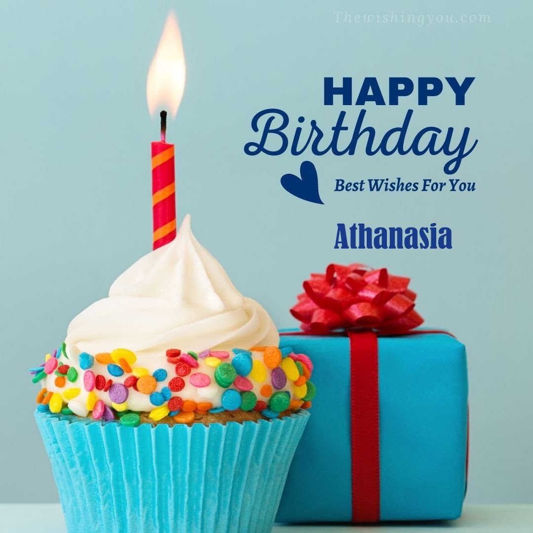 Happy Birthday Athanasia written on image Blue Cup cake and burning candle blue Gift boxes with red ribon
