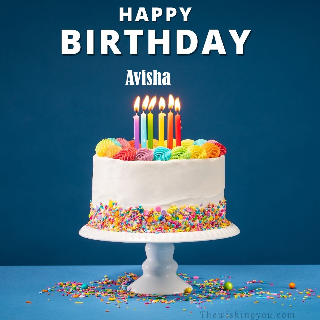 Happy Birthday Avisha written on image White cake keep on White stand and burning candles Sky background
