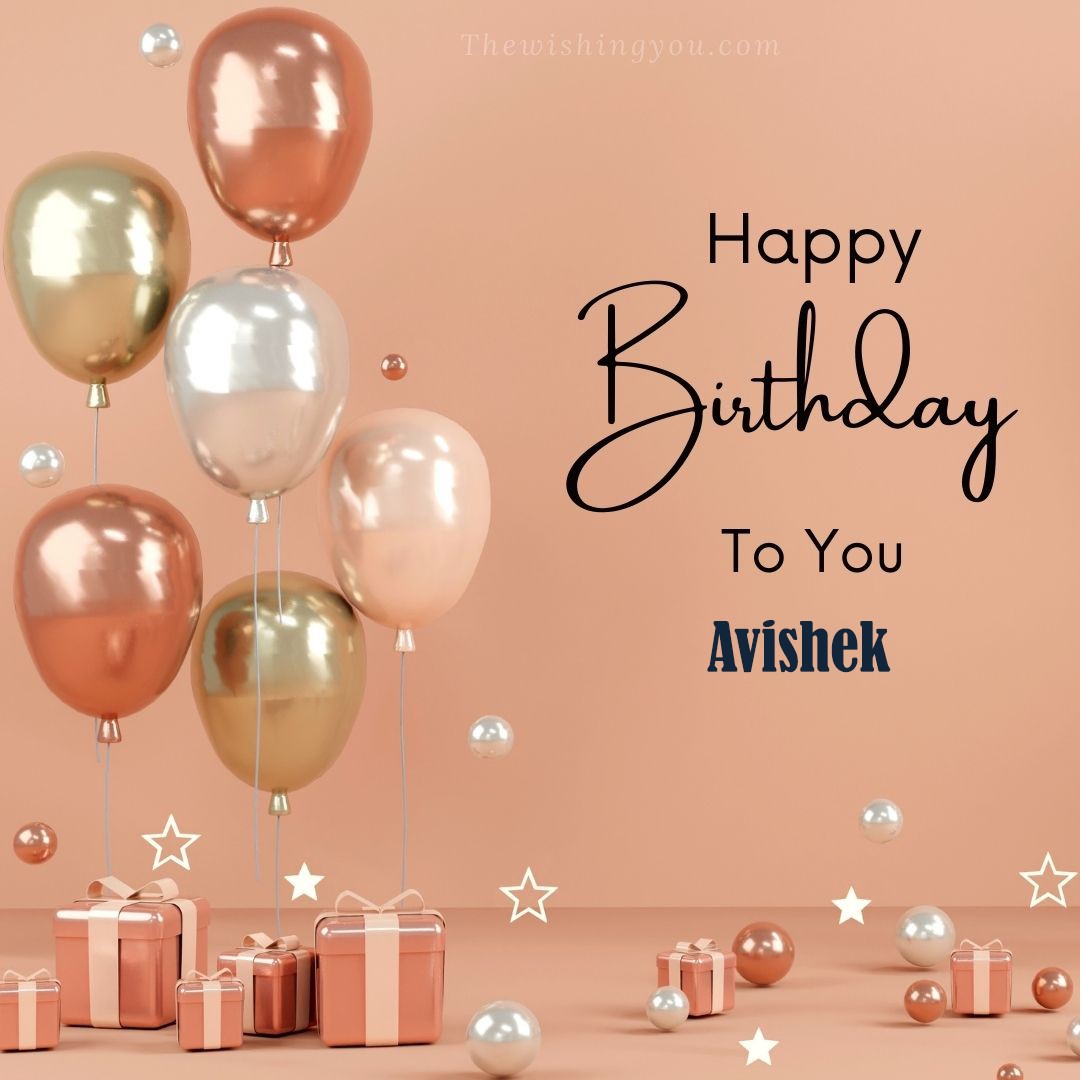 Happy Birthday Avishek written on image Light Yello and white and pink Balloons with many gift box Pink Background