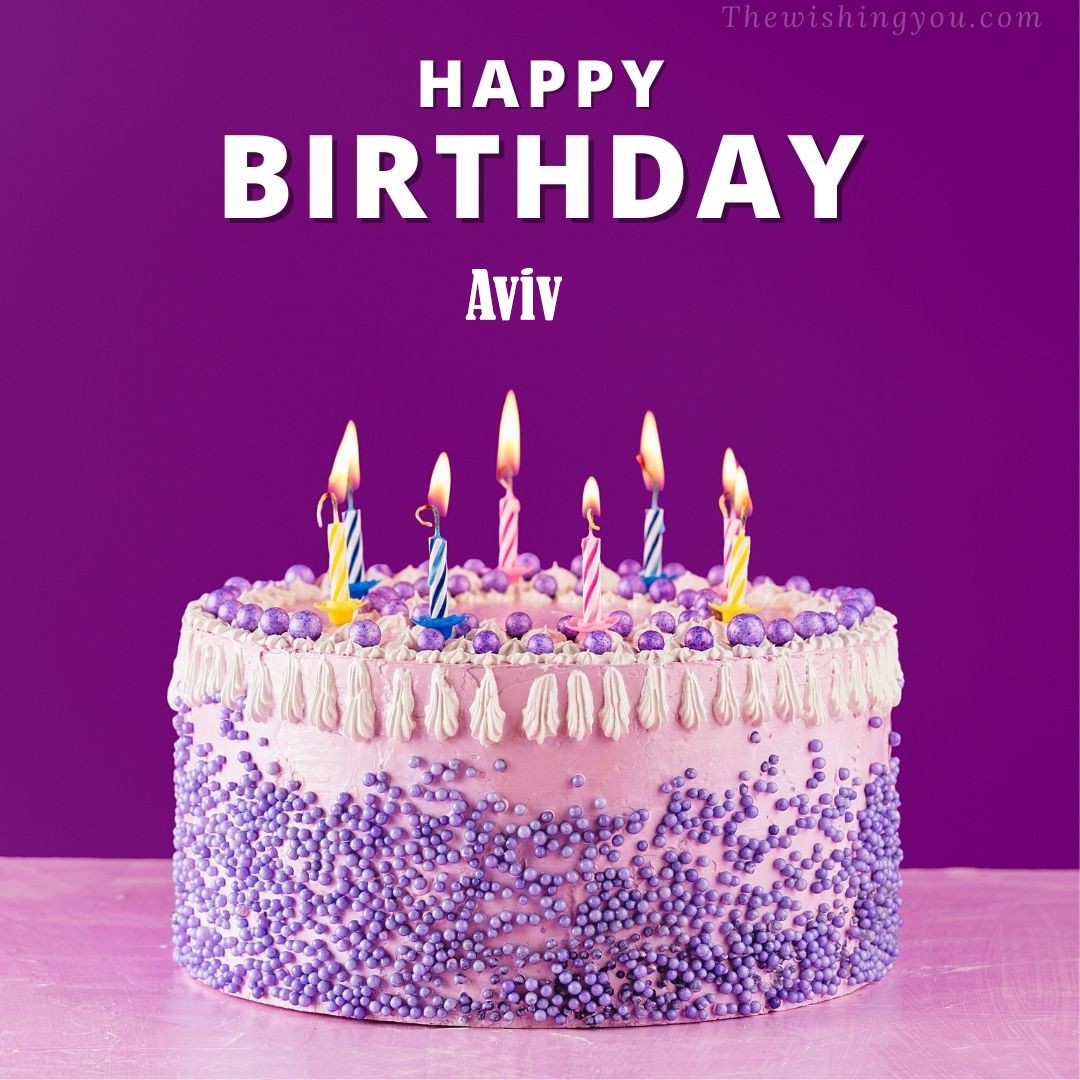Happy Birthday Aviv written on image White and blue cake and burning candles Violet background