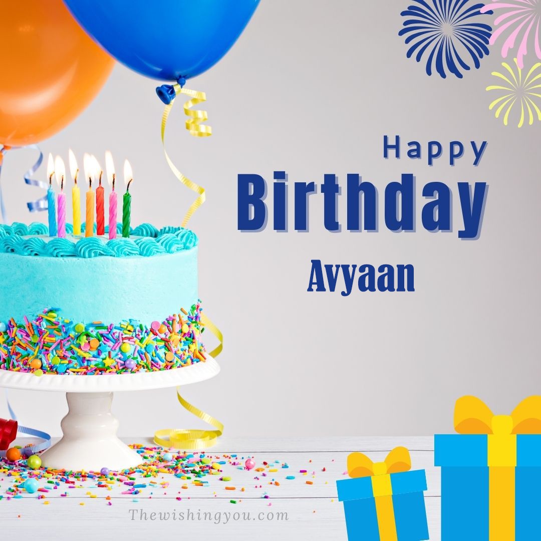 Happy Birthday Avyaan written on image Green cake keep on White stand and blue gift boxes with Yellow ribon with Sky background