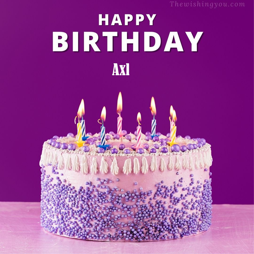 Happy Birthday Axl written on image White and blue cake and burning candles Violet background