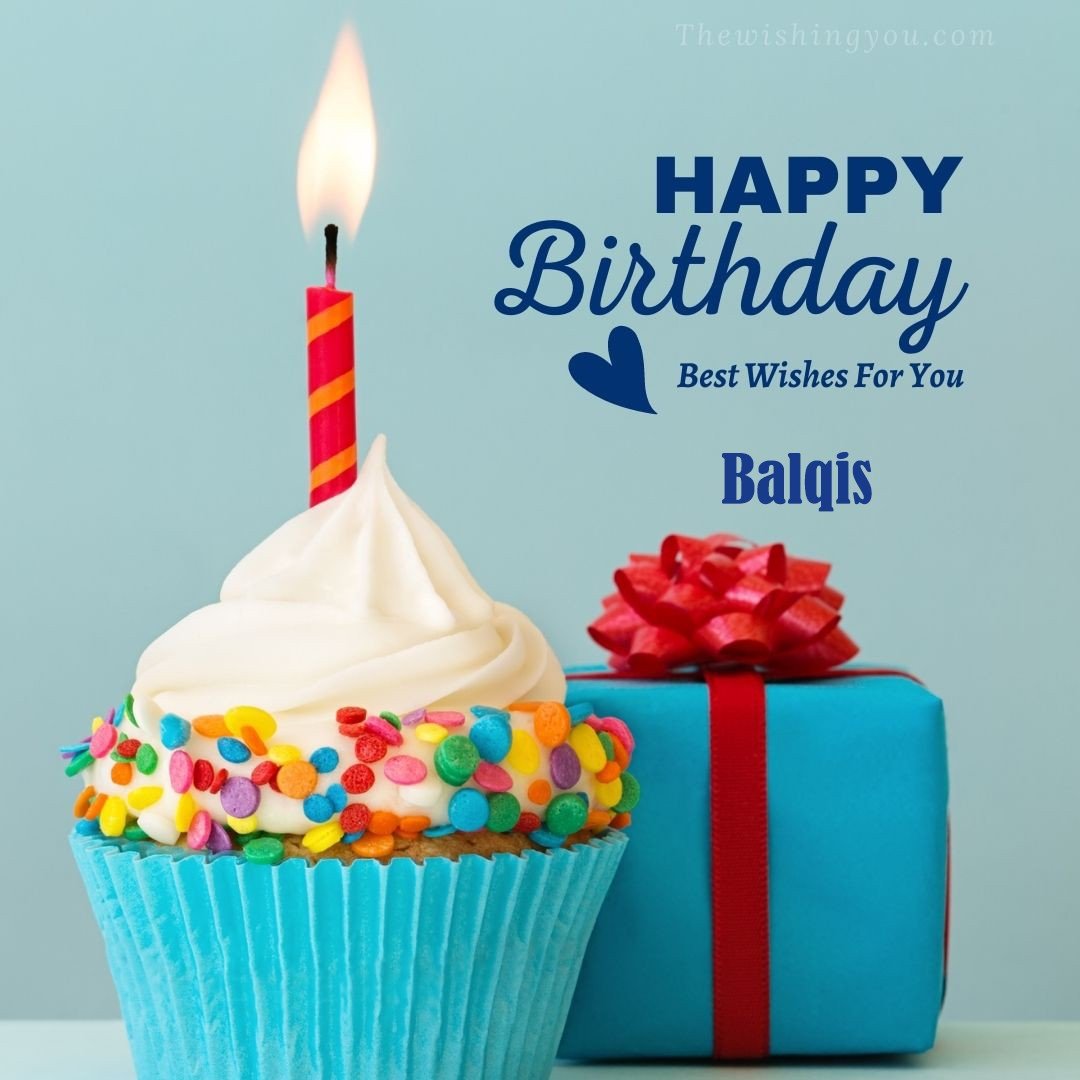 Happy Birthday Balqis written on image Blue Cup cake and burning candle blue Gift boxes with red ribon
