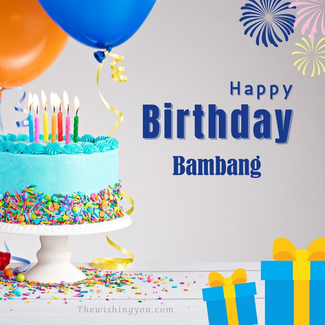 Happy Birthday Bambang written on image Green cake keep on White stand and blue gift boxes with Yellow ribon with Sky background
