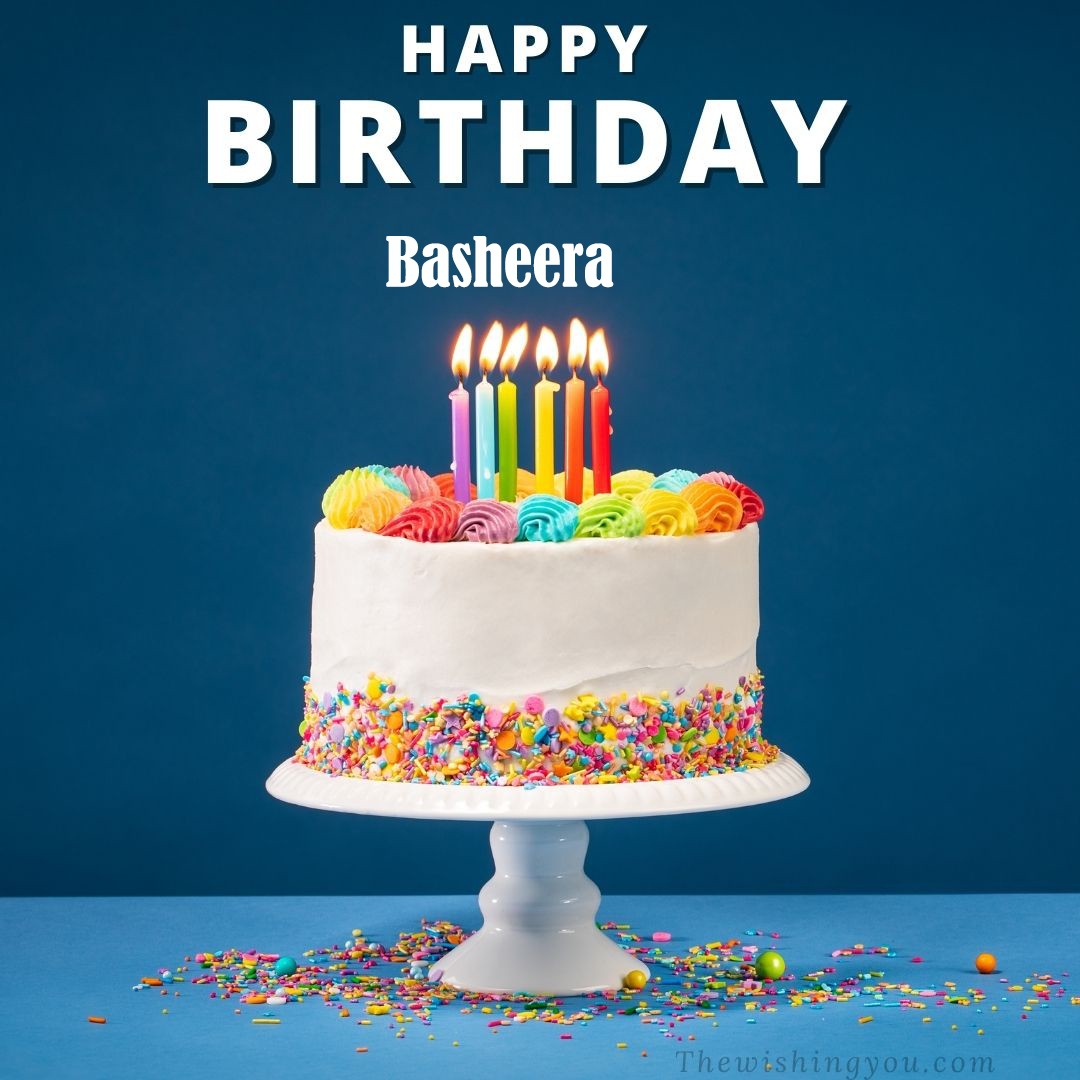 Happy Birthday Basheera written on image White cake keep on White stand and burning candles Sky background