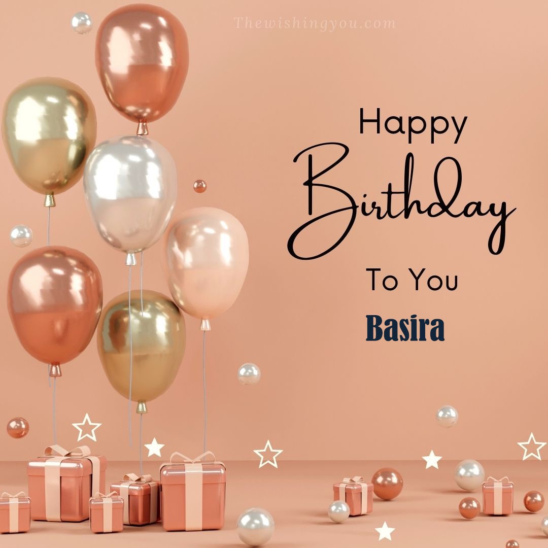 Happy Birthday Basira written on image Light Yello and white and pink Balloons with many gift box Pink Background