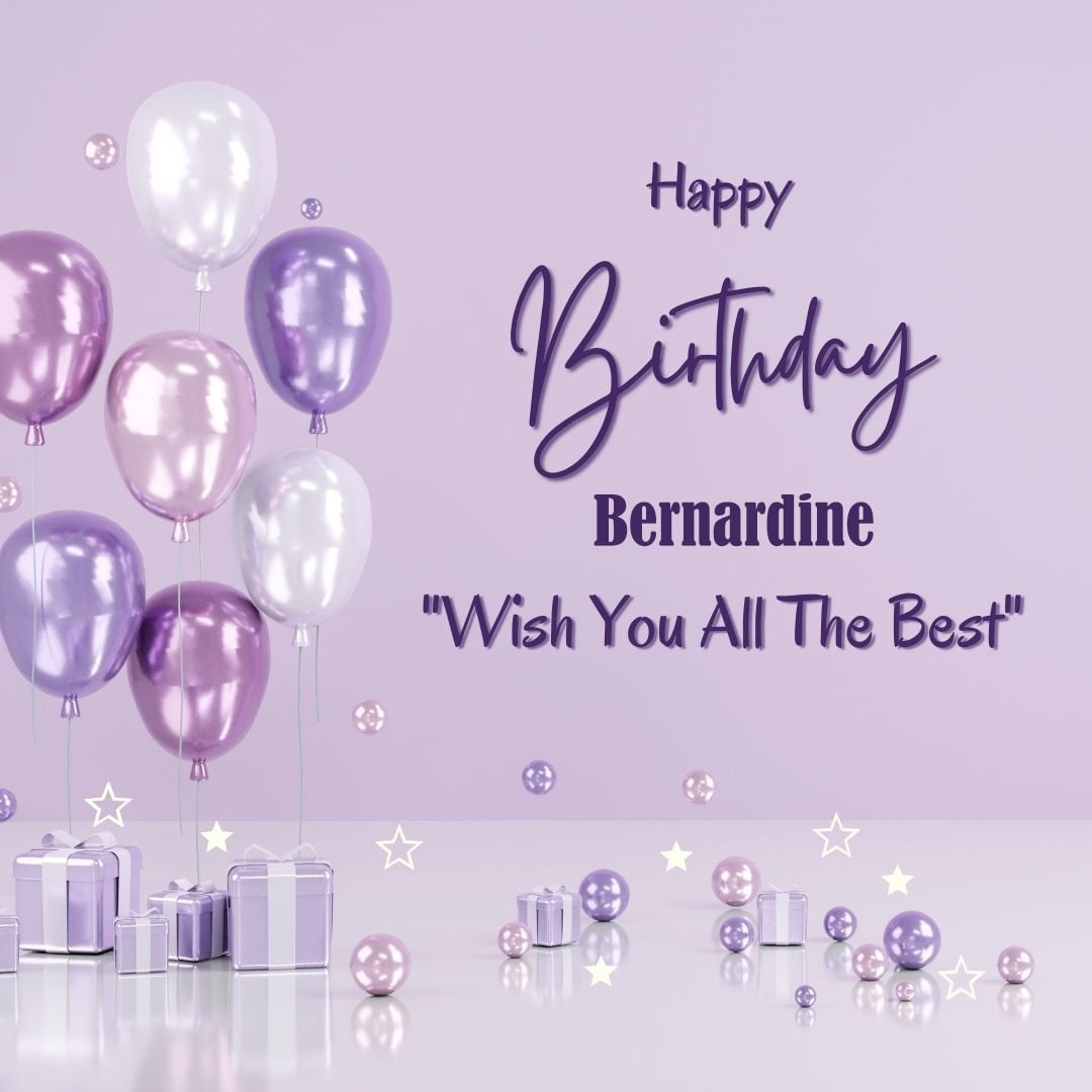 Happy Birthday Bernardine written on imagemany purple Gift boxes with White ribon pink white and blue ballon light purple background