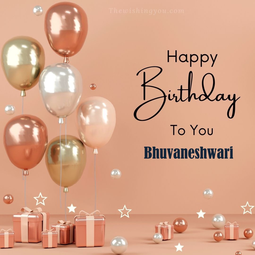 Happy Birthday Bhuvaneshwari written on image Light Yello and white and pink Balloons with many gift box Pink Background