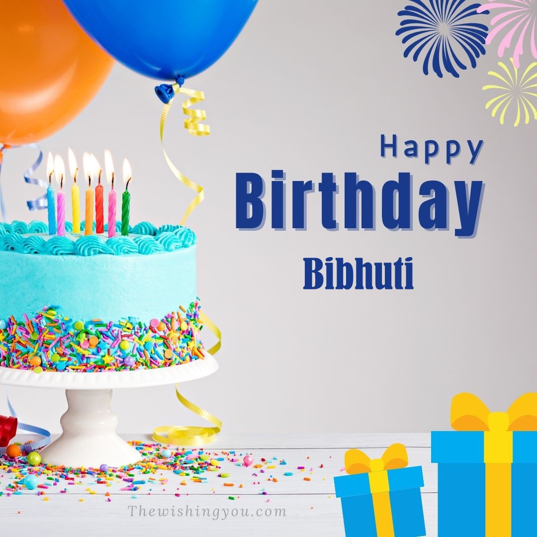 Happy Birthday Bibhuti written on image Green cake keep on White stand and blue gift boxes with Yellow ribon with Sky background