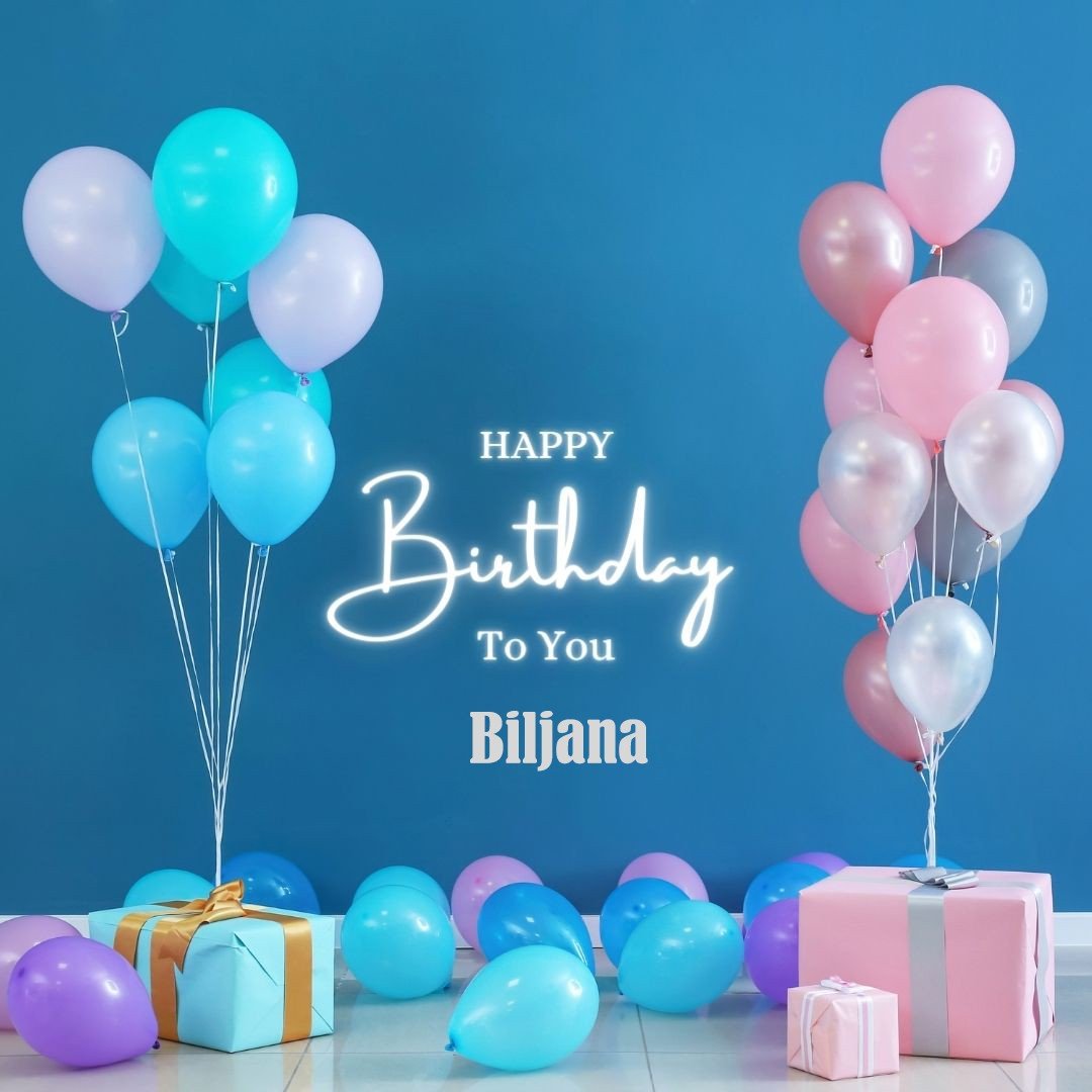 Happy Birthday Biljana written on imagemany purple and pink Gift boxes with yellow and white ribonpink white and blue ballon light Blue background