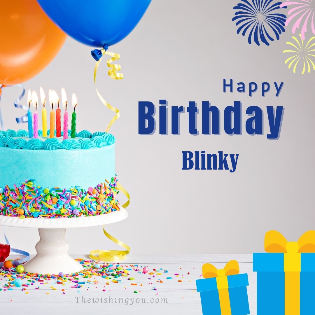 Happy Birthday Blinky written on image Green cake keep on White stand and blue gift boxes with Yellow ribon with Sky background