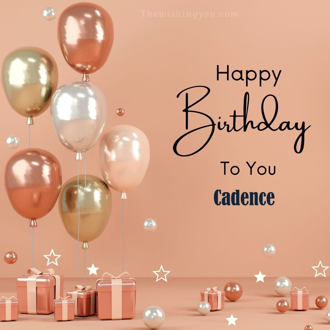 Happy Birthday Cadence written on image Light Yello and white and pink Balloons with many gift box Pink Background