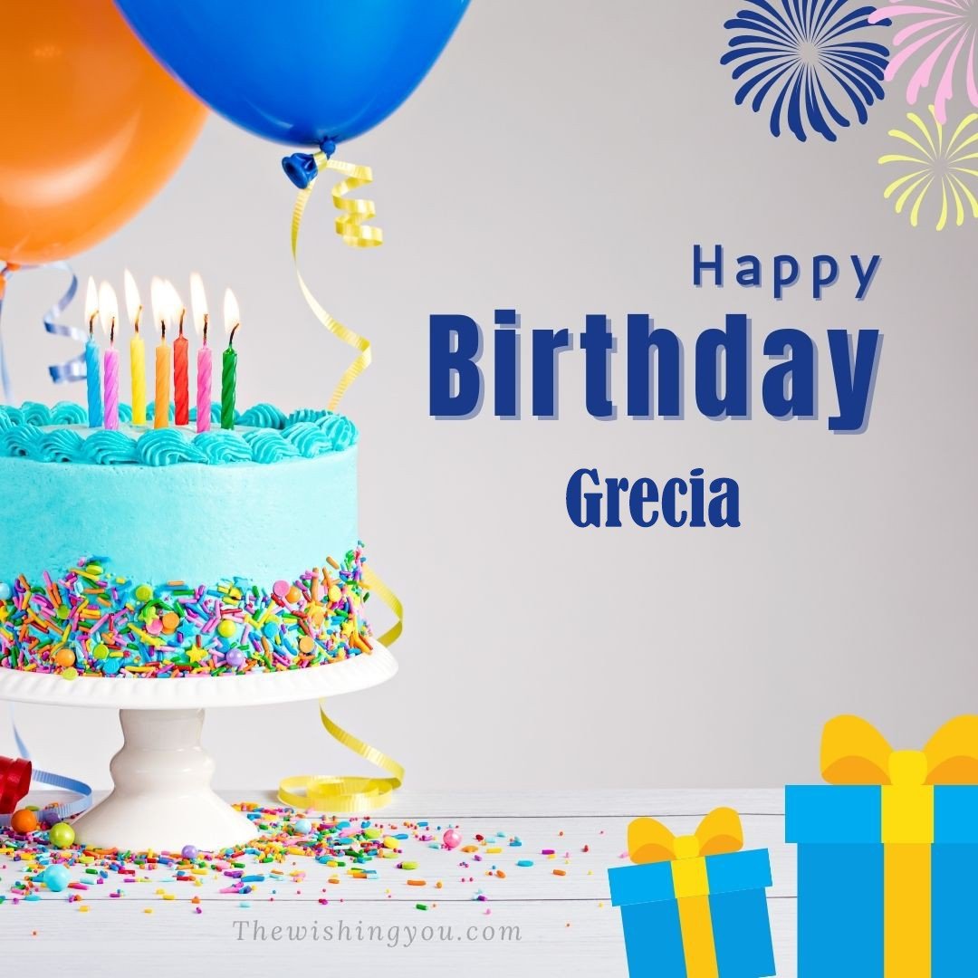 Happy Birthday Grecia written on image Green cake keep on White stand and blue gift boxes with Yellow ribon with Sky background