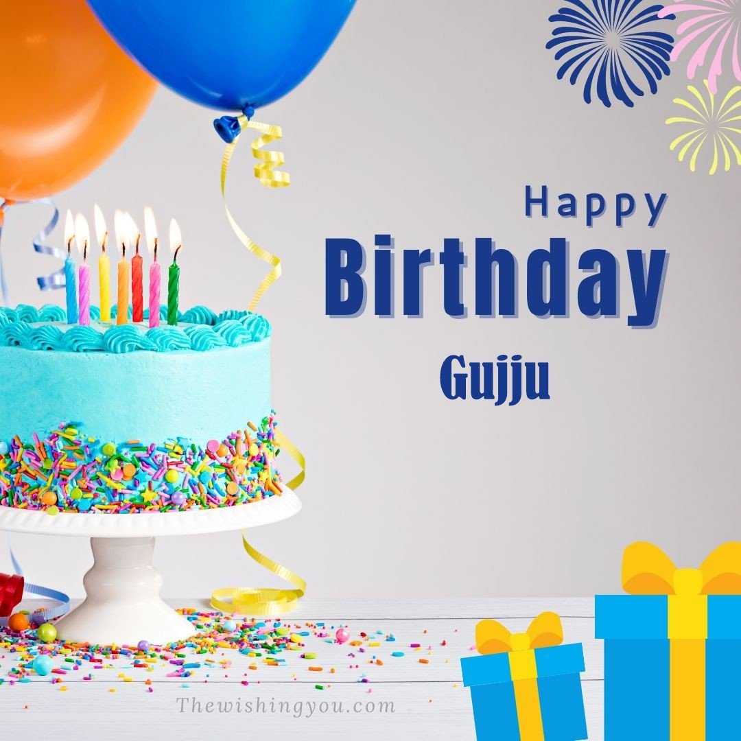 Happy Birthday Gujju written on image Green cake keep on White stand and blue gift boxes with Yellow ribon with Sky background