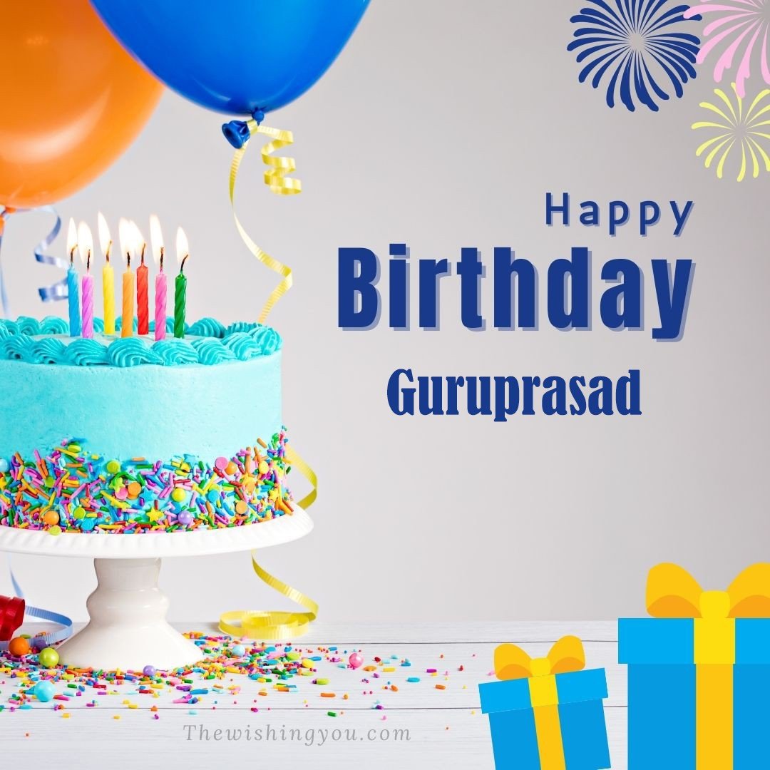 Happy Birthday Guruprasad written on image Green cake keep on White stand and blue gift boxes with Yellow ribon with Sky background