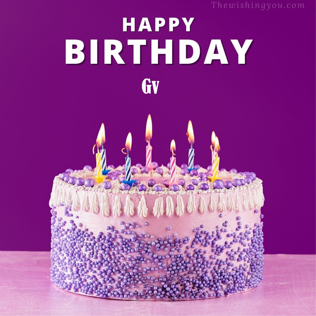 Happy Birthday Gv written on image White and blue cake and burning candles Violet background