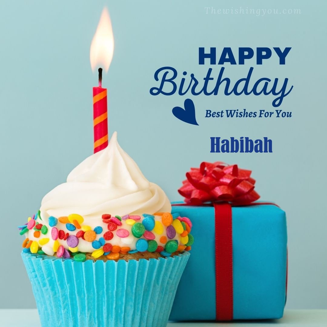 Happy Birthday Habibah written on image Blue Cup cake and burning candle blue Gift boxes with red ribon