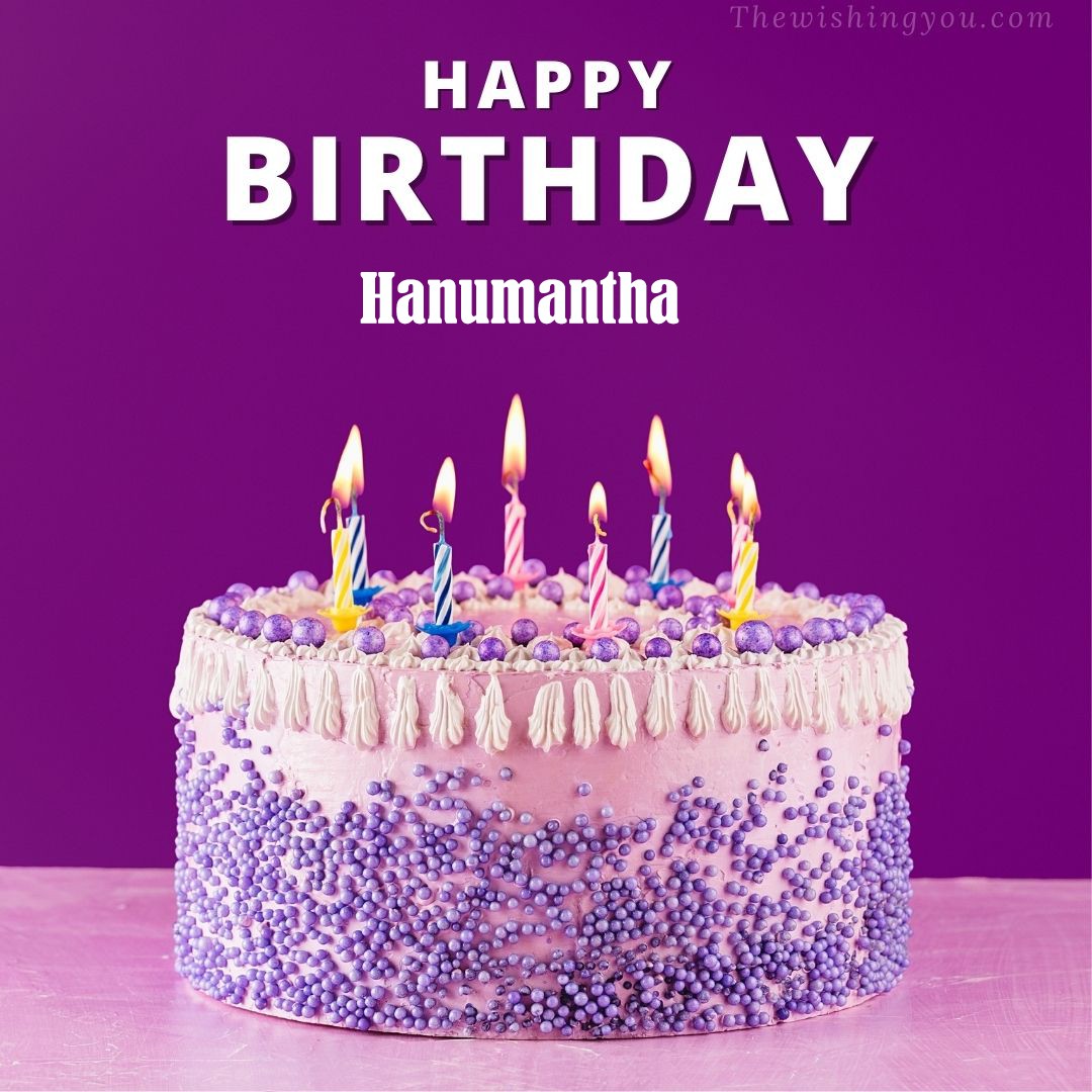 Happy Birthday Hanumantha written on image White and blue cake and burning candles Violet background