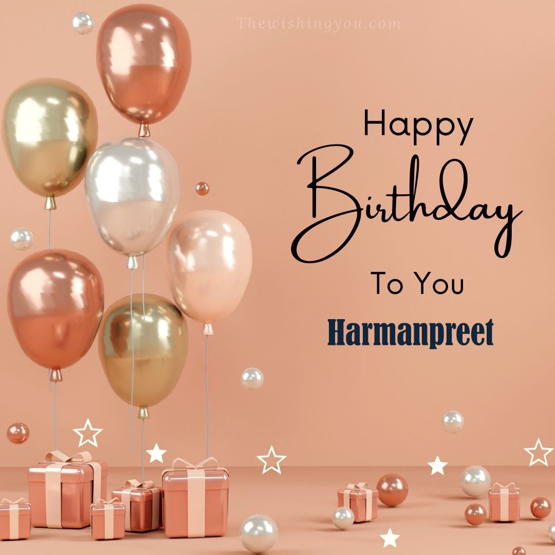 Happy Birthday Harmanpreet written on image Light Yello and white and pink Balloons with many gift box Pink Background