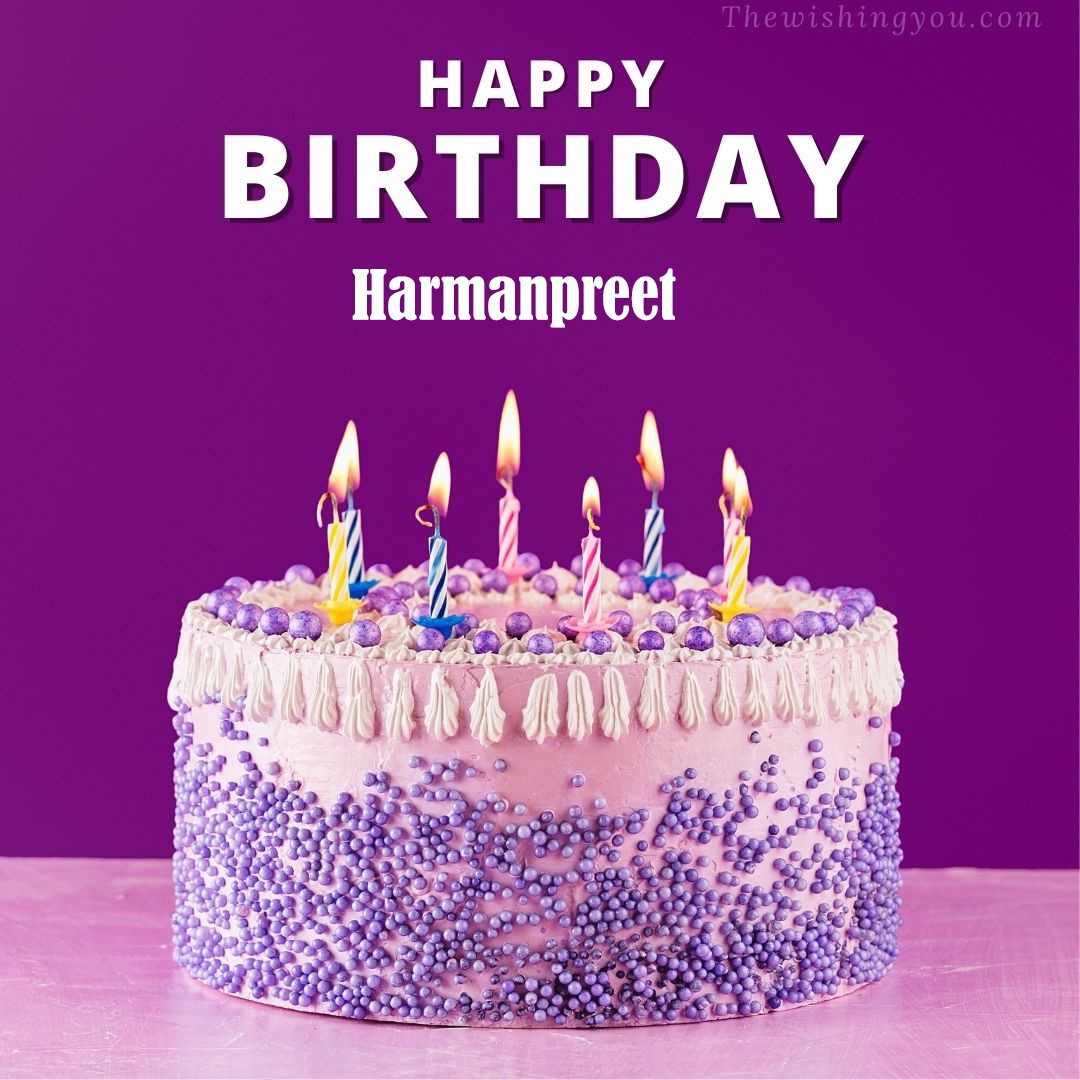 Happy Birthday Harmanpreet written on image White and blue cake and burning candles Violet background