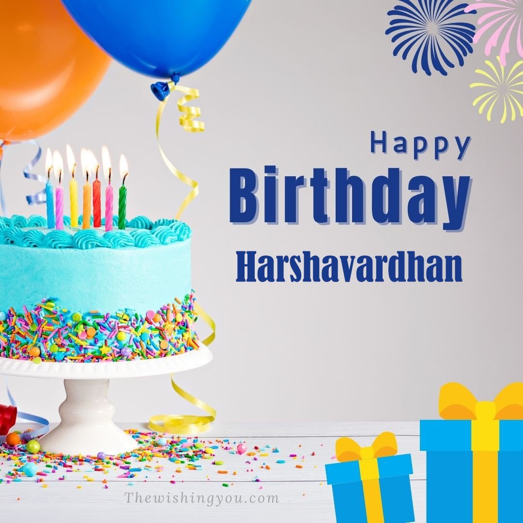 Happy Birthday Harshavardhan written on image Green cake keep on White stand and blue gift boxes with Yellow ribon with Sky background