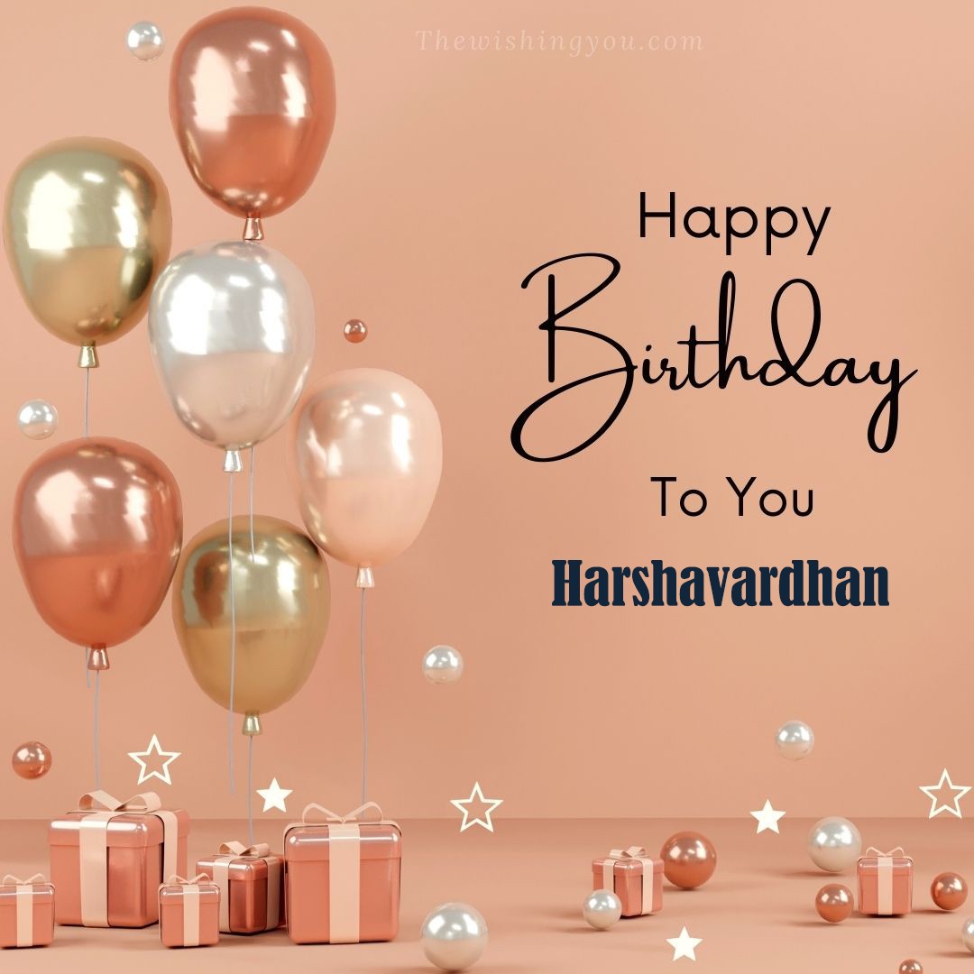 Happy Birthday Harshavardhan written on image Light Yello and white and pink Balloons with many gift box Pink Background