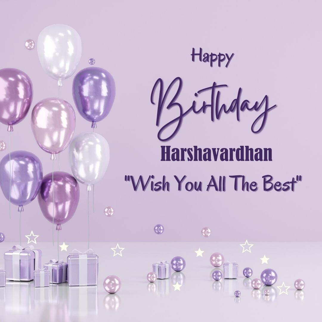 Happy Birthday Harshavardhan written on imagemany purple Gift boxes with White ribon pink white and blue ballon light purple background