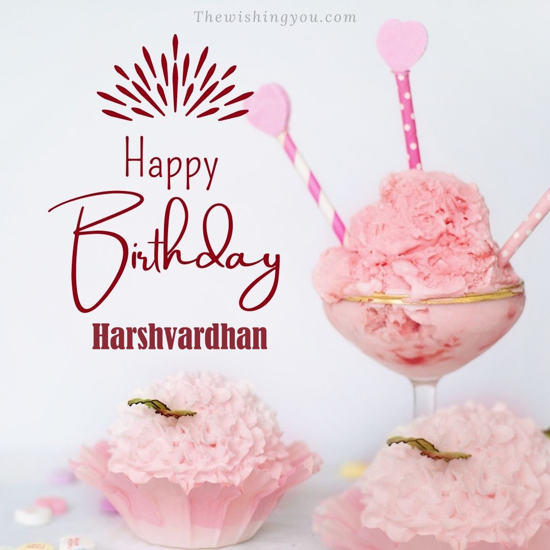 Happy Birthday Harshvardhan written on image pink cup cake and Light White background