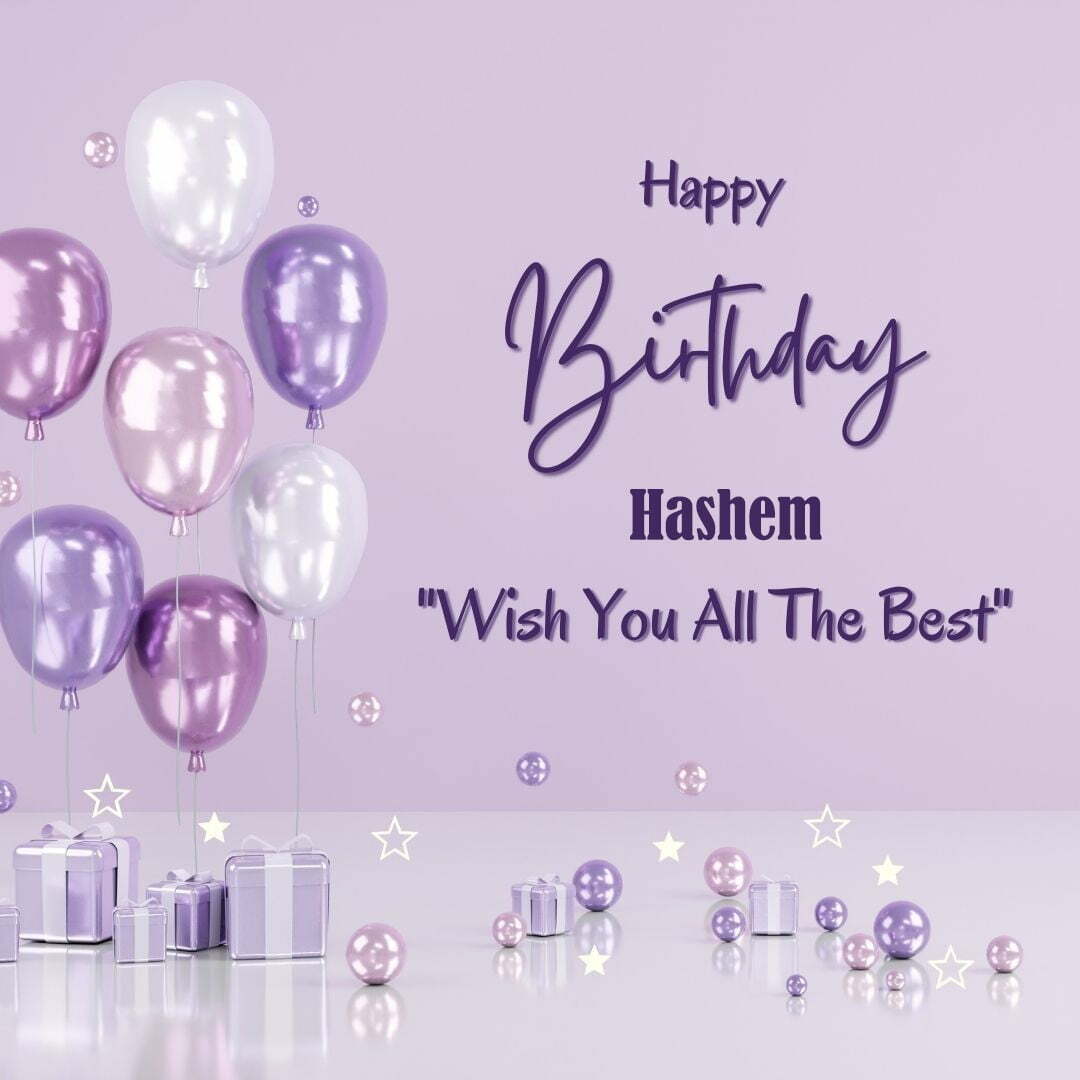 Happy Birthday Hashem written on imagemany purple Gift boxes with White ribon pink white and blue ballon light purple background
