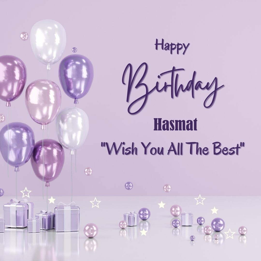 Happy Birthday Hasmat written on imagemany purple Gift boxes with White ribon pink white and blue ballon light purple background