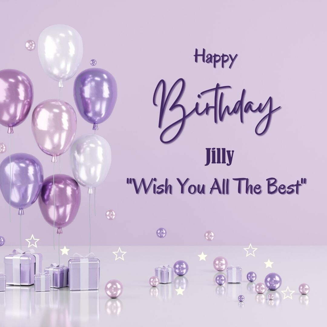 Happy Birthday Jilly written on imagemany purple Gift boxes with White ribon pink white and blue ballon light purple background