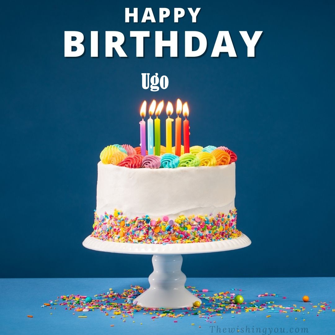 Happy Birthday Ugo written on image White cake keep on White stand and burning candles Sky background