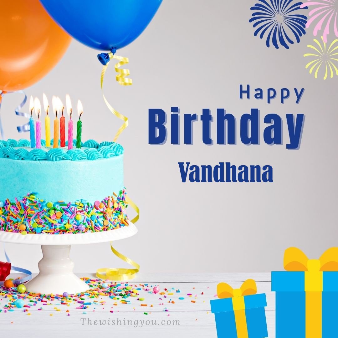 Happy Birthday Vandhana written on image Green cake keep on White stand and blue gift boxes with Yellow ribon with Sky background
