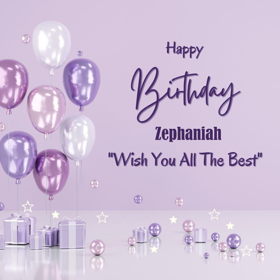 Happy Birthday Zephaniah written on imagemany purple Gift boxes with White ribon pink white and blue ballon light purple background
