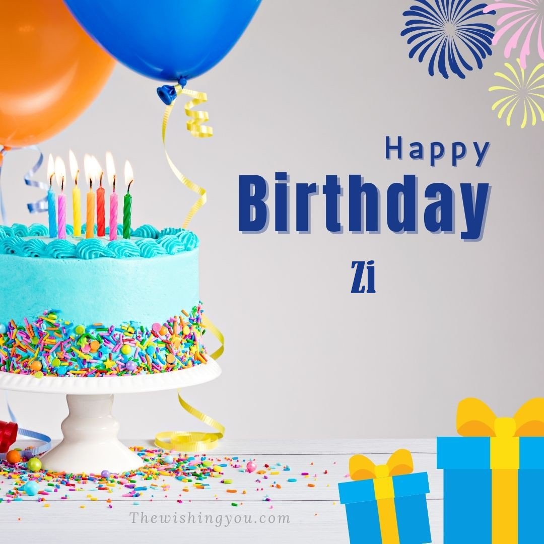 Happy Birthday Zi written on image Green cake keep on White stand and blue gift boxes with Yellow ribon with Sky background