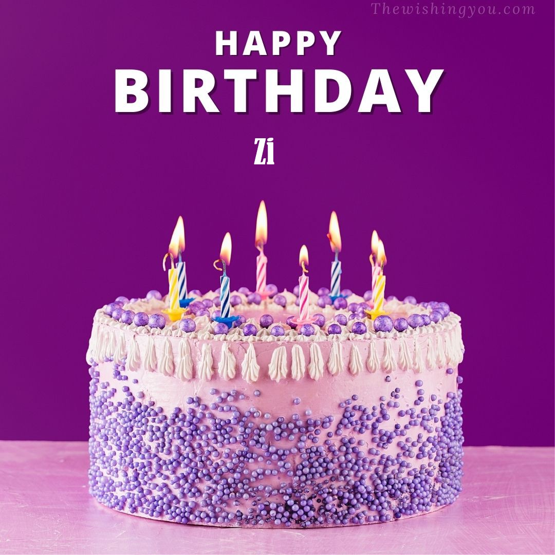 Happy Birthday Zi written on image White and blue cake and burning candles Violet background