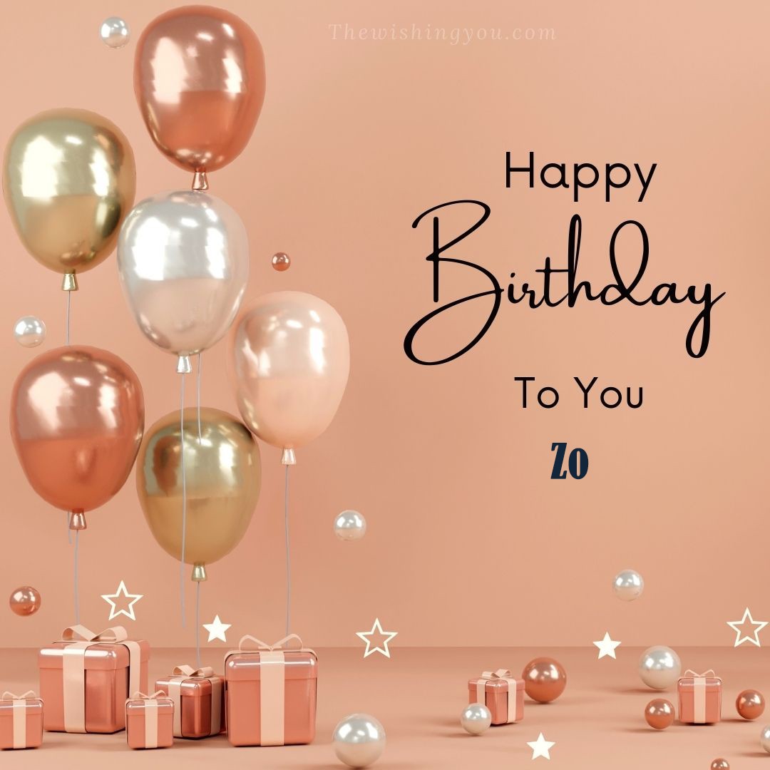 Happy Birthday Zo written on image Light Yello and white and pink Balloons with many gift box Pink Background
