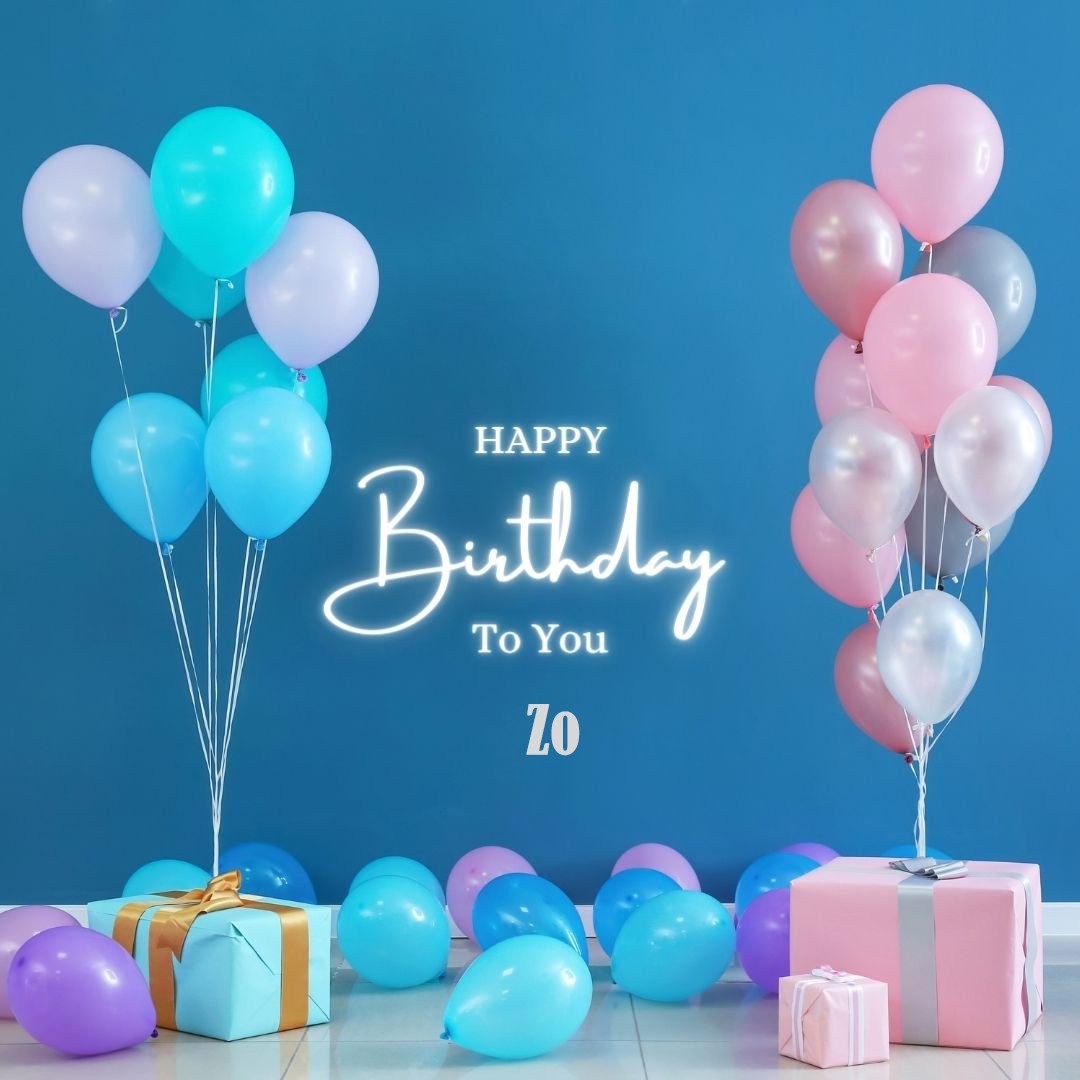 Happy Birthday Zo written on imagemany purple and pink Gift boxes with yellow and white ribonpink white and blue ballon light Blue background