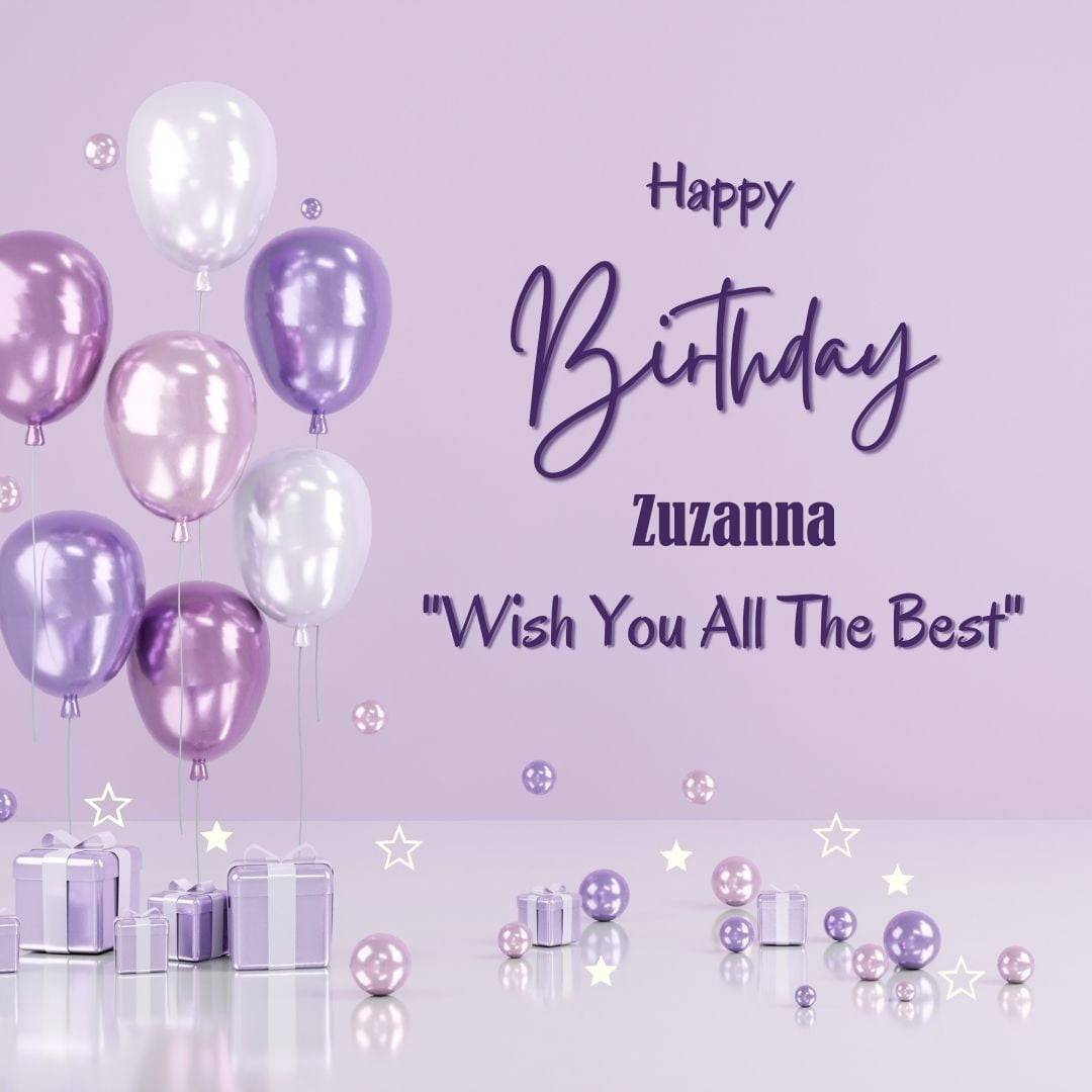 Happy Birthday Zuzanna written on imagemany purple Gift boxes with White ribon pink white and blue ballon light purple background
