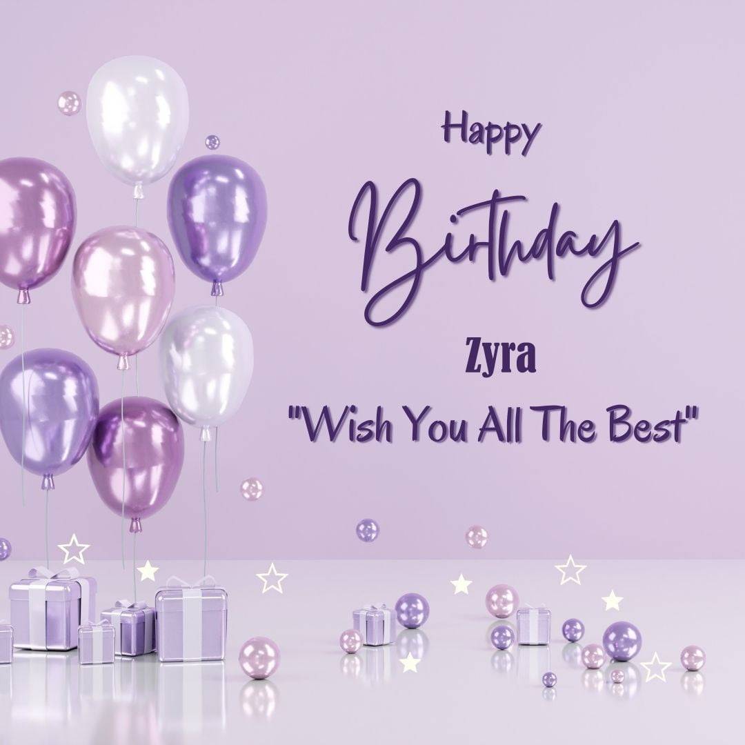 Happy Birthday Zyra written on imagemany purple Gift boxes with White ribon pink white and blue ballon light purple background