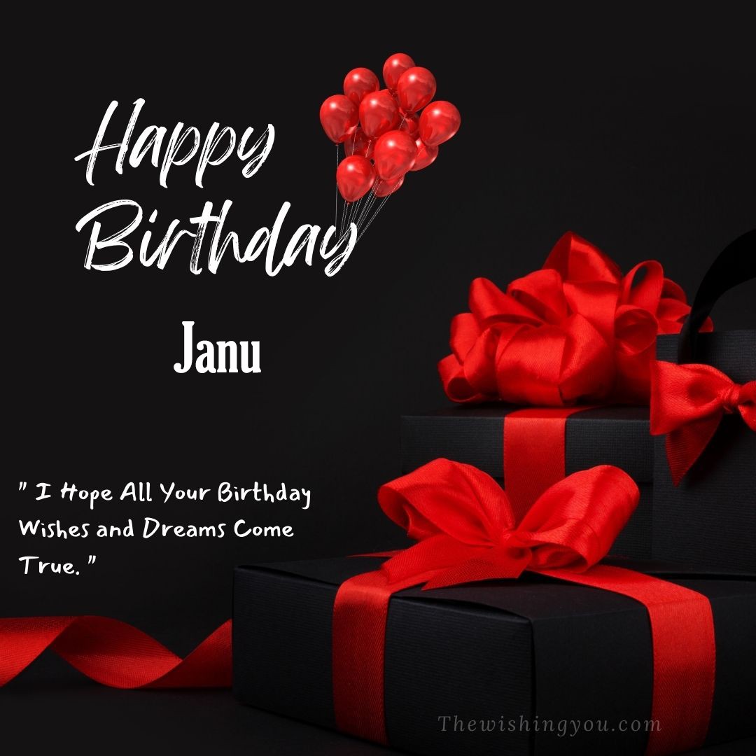 Happy birthday Janu written on image red ballons and gift box with red ribbon Dark Black background