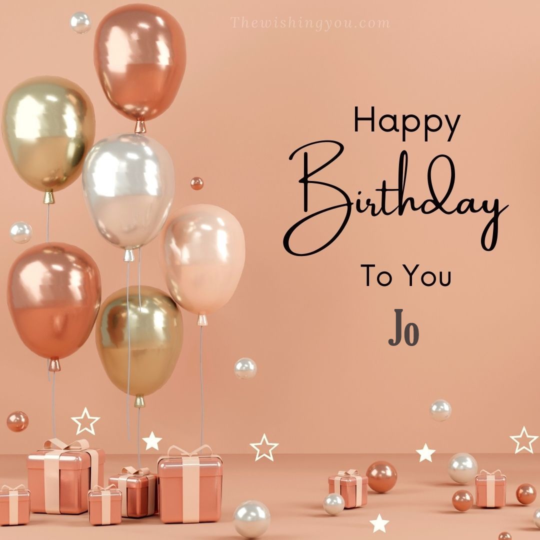 Happy birthday Jo written on image Light Yello and white and pink Balloons with many gift box Pink Background