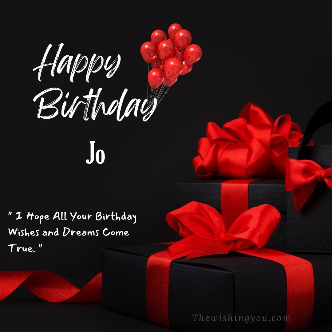 Happy birthday Jo written on image red ballons and gift box with red ribbon Dark Black background