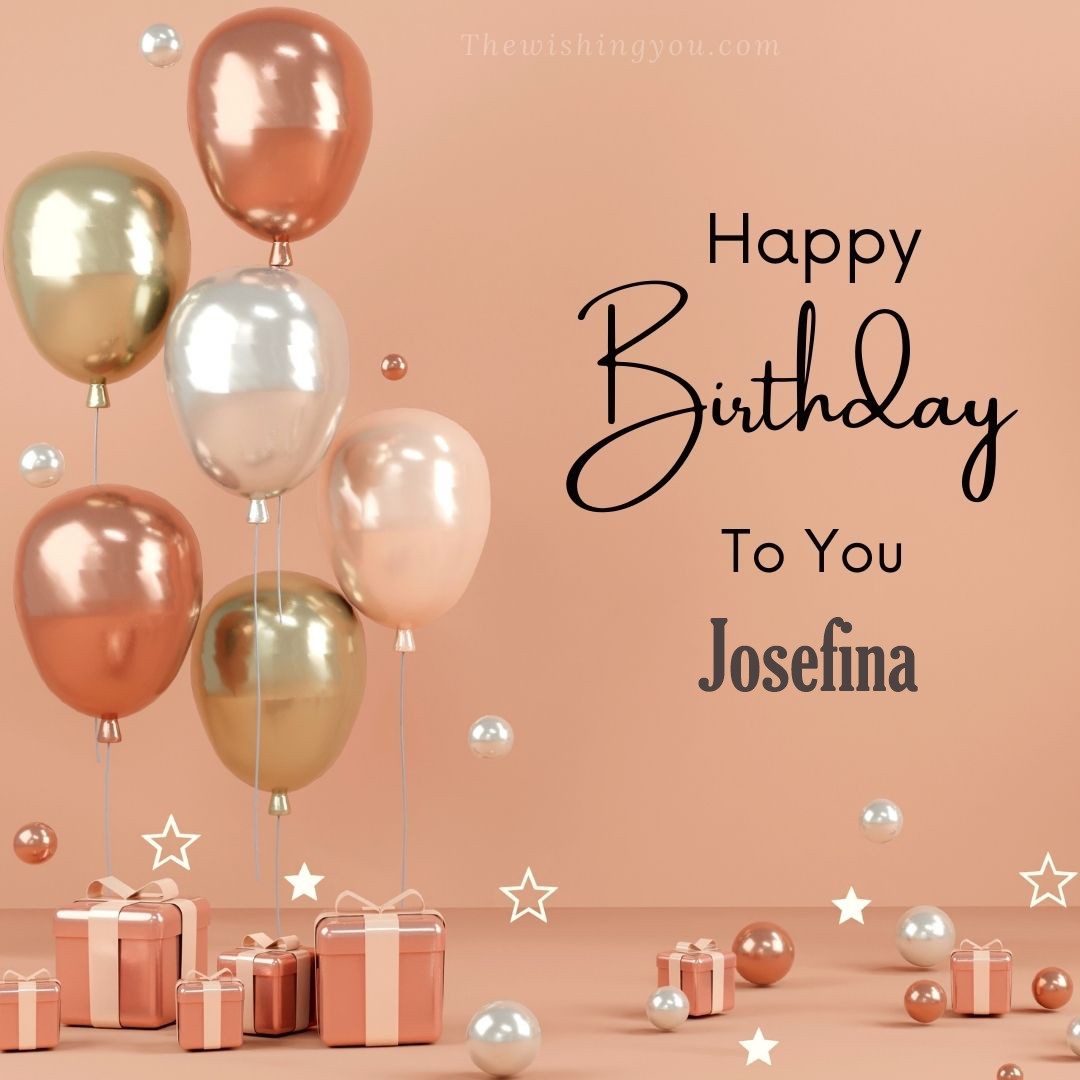 Happy birthday Josefina written on image Light Yello and white and pink Balloons with many gift box Pink Background
