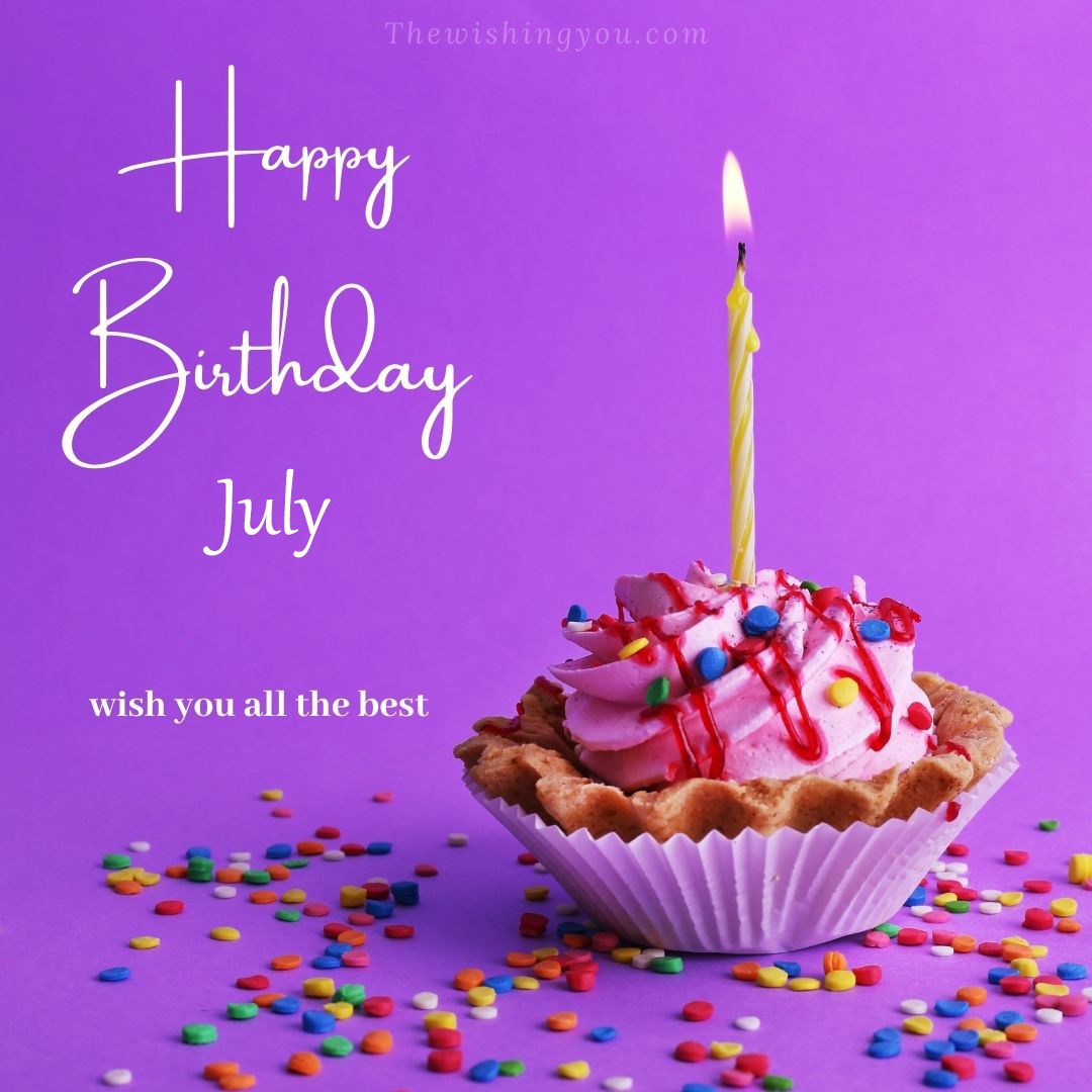 Happy birthday July written on image cup cake burning candle Purple background