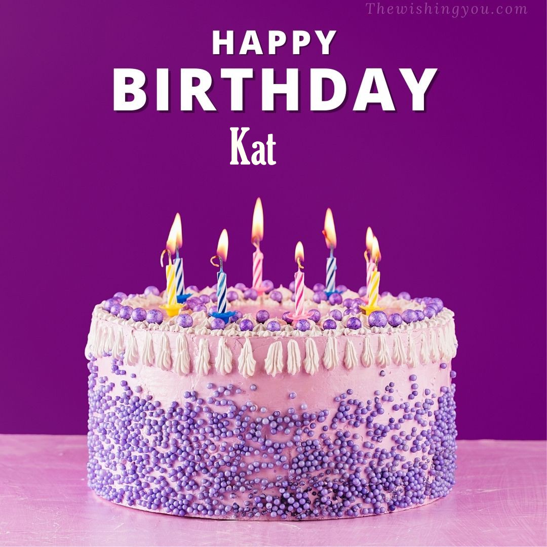 Happy birthday Kat written on image White and blue cake and burning candles Violet background
