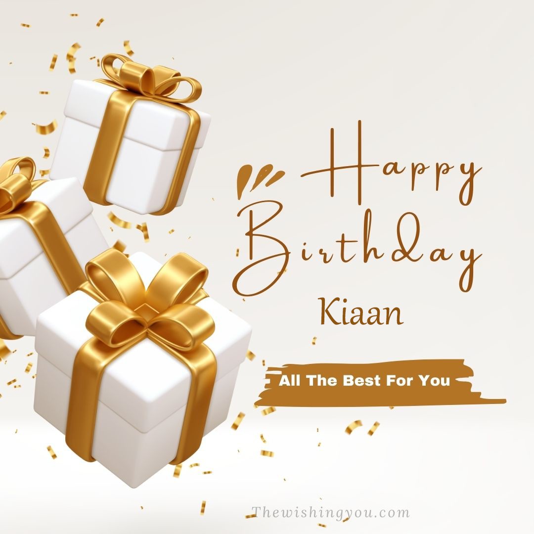 Happy birthday Kiaan written on image White gift boxes with Yellow ribon with white background