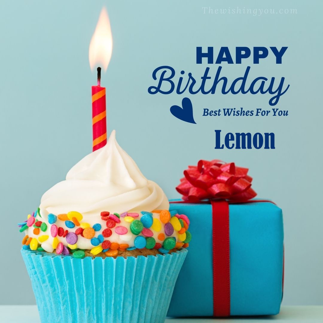 Happy birthday Lemon written on image Blue Cup cake and burning candle blue Gift boxes with red ribon