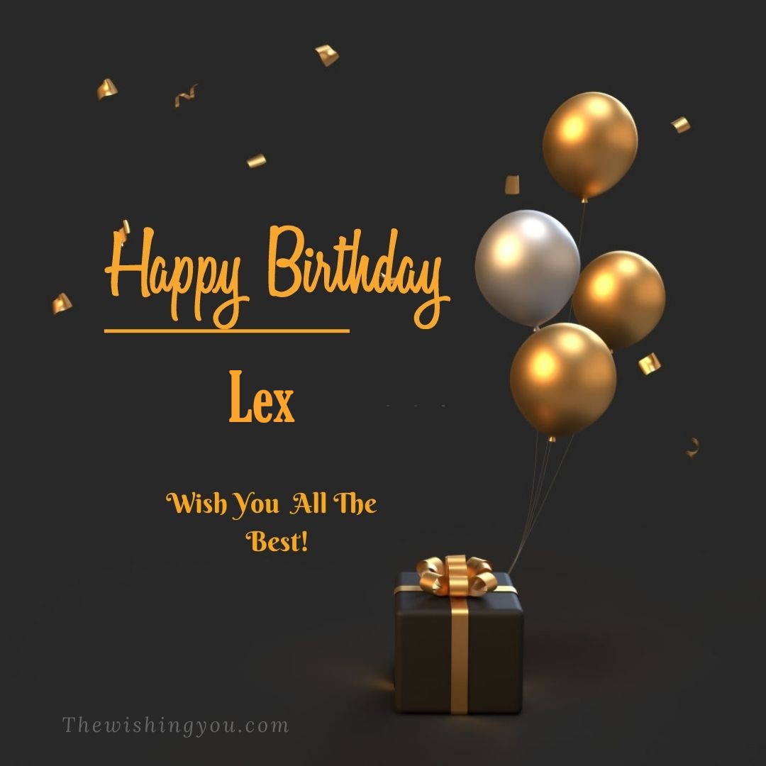 Happy birthday Lex written on image Light Yello and white Balloons with gift box Dark Background
