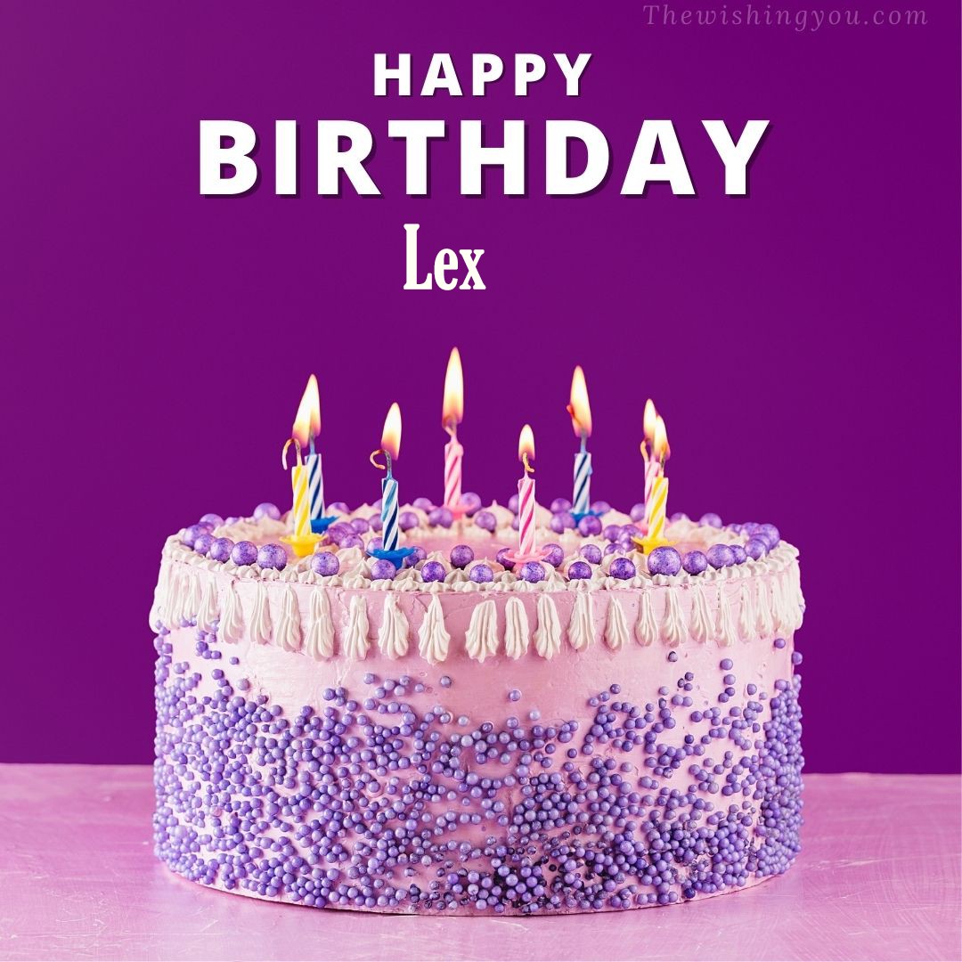 Happy birthday Lex written on image White and blue cake and burning candles Violet background